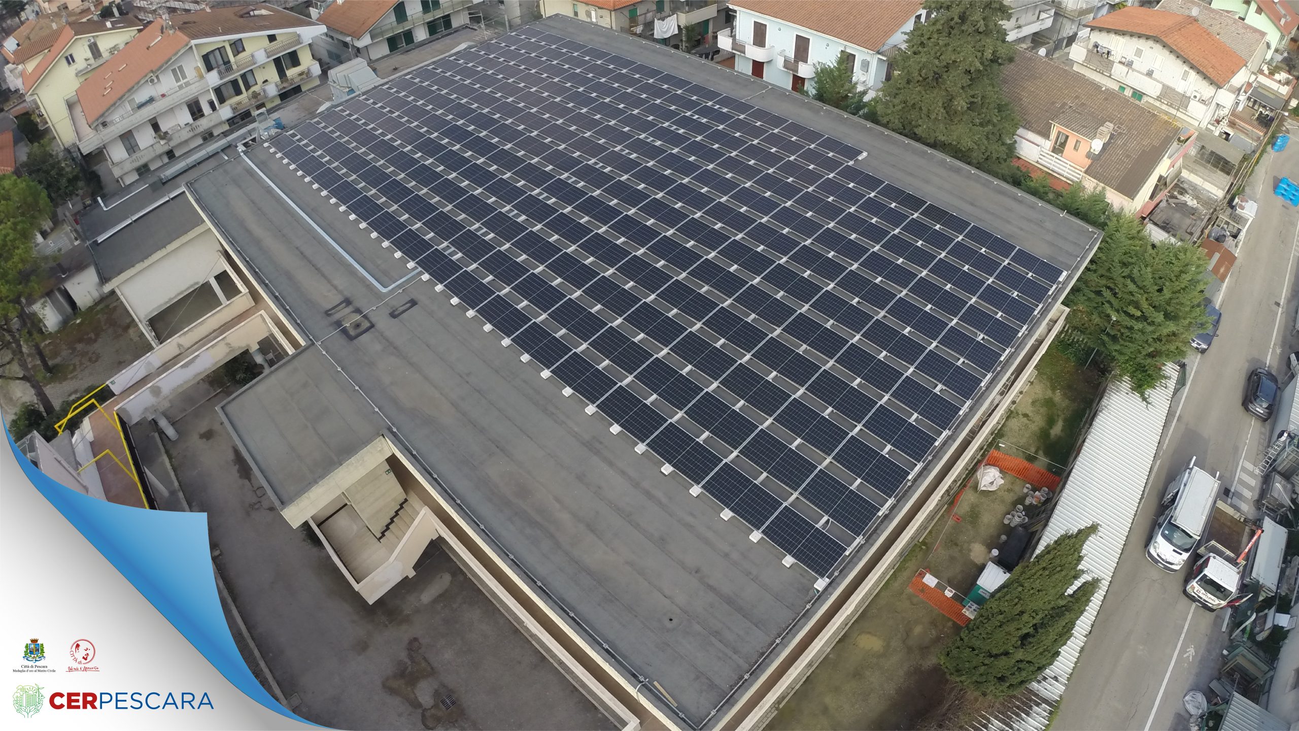 Foto1a seconda foto drone Impianto fotovoltaico installato presso il Bocciodromo, Via Orfento - Pescara.