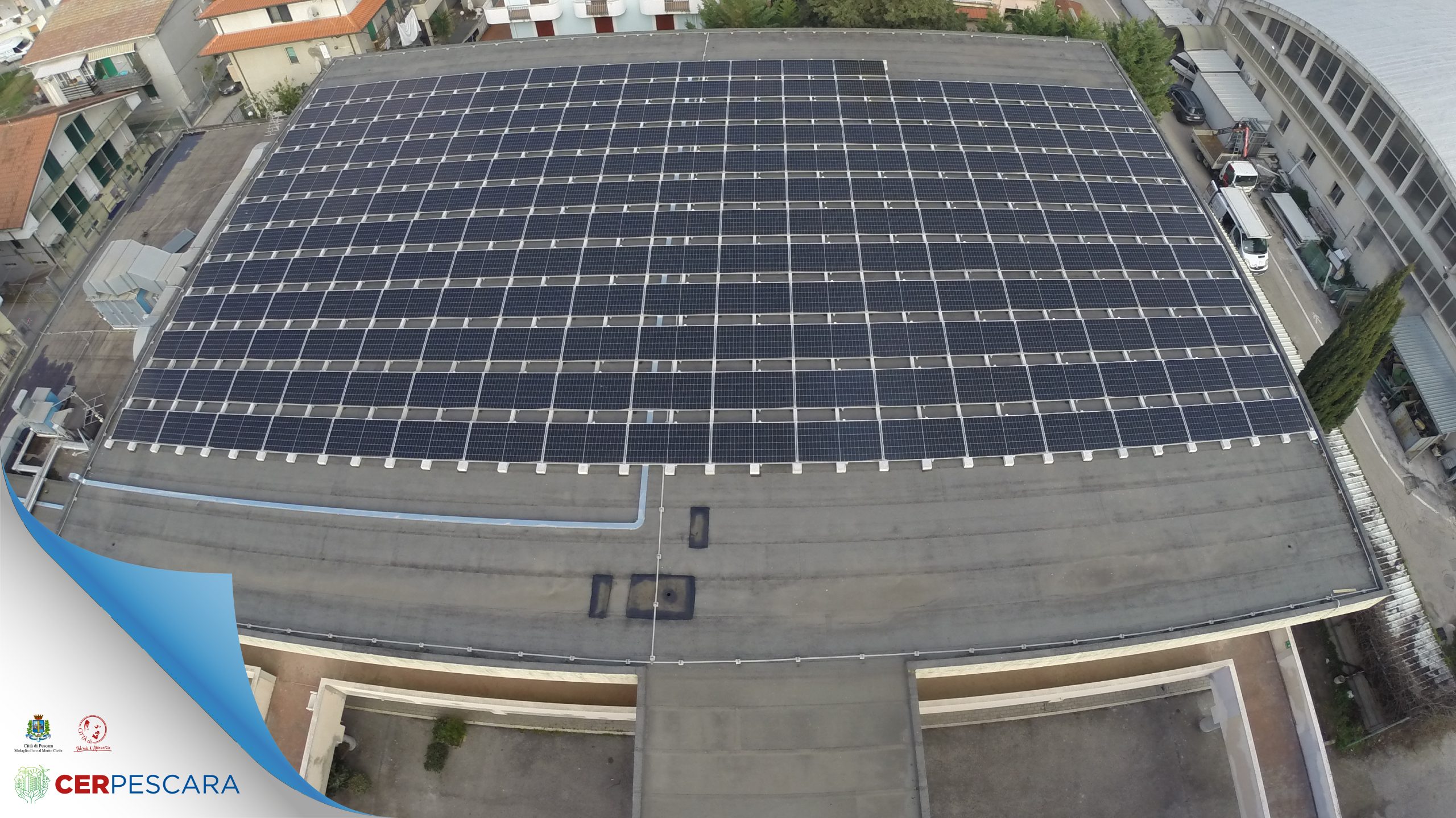 Foto1b prima foto drone Impianto fotovoltaico installato presso il Bocciodromo, Via Orfento - Pescara.